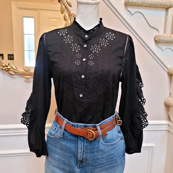 J. Crew Tops - New! J Crew Sz M Ruffle-sleeve Top Embroidered Eyelet Black NWT